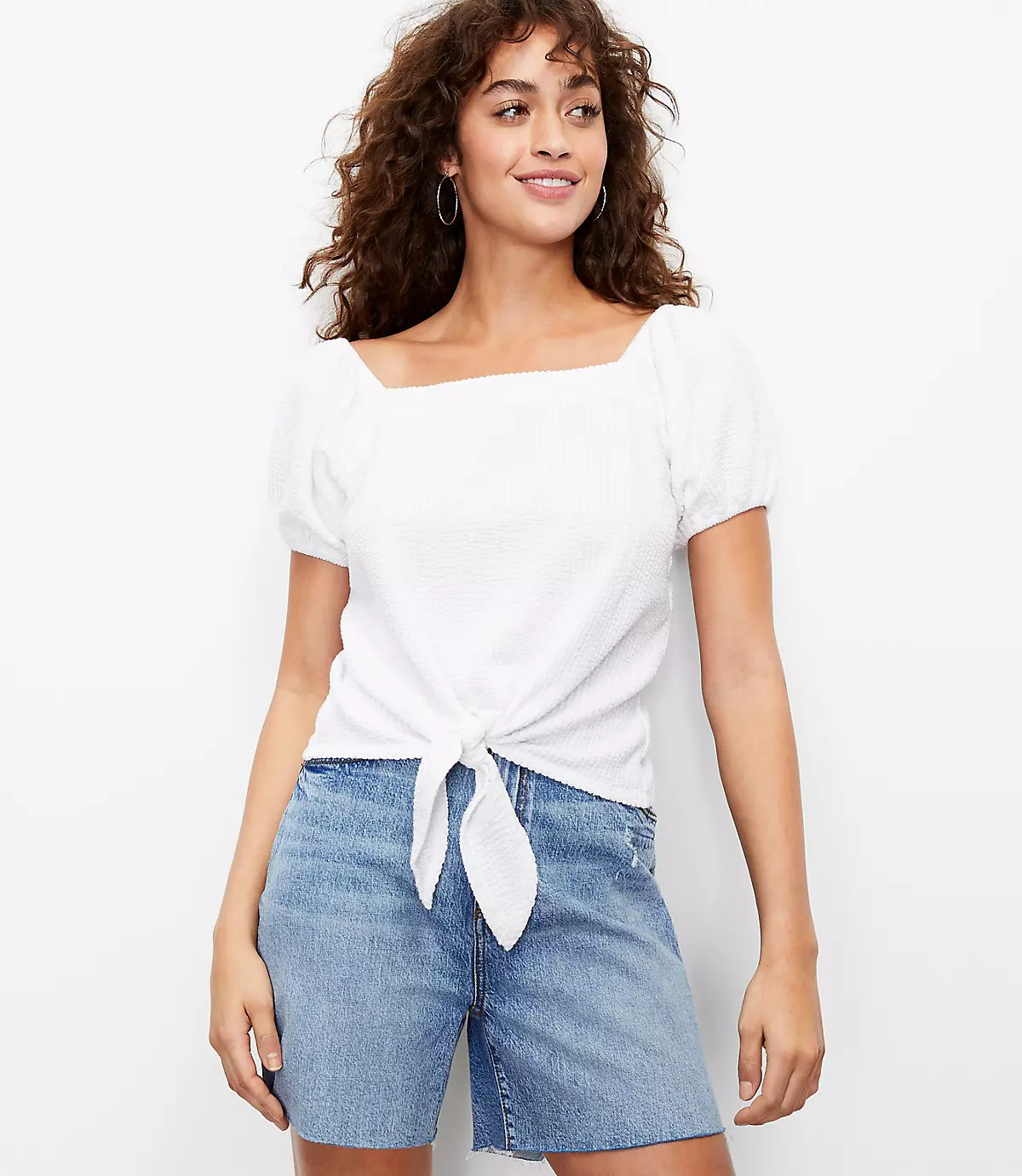 Seersucker Tie Front Square Neck Top | LOFT | LOFT