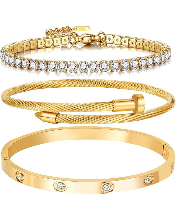 A D. ALLEN & DANMI. 18 K Gold Plated Love Bangle Bracelet Set Flexible Wide Wristband Bangle Bang... | Amazon (US)