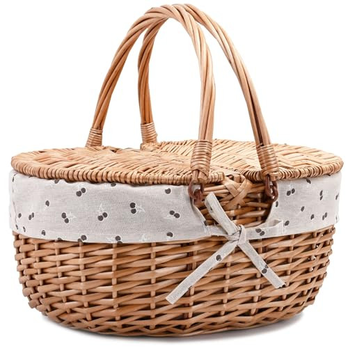 Wicker Picnic Basket with Lid and Handle Sturdy Woven Body with Washable Lining,Cherry Pattern | Amazon (US)