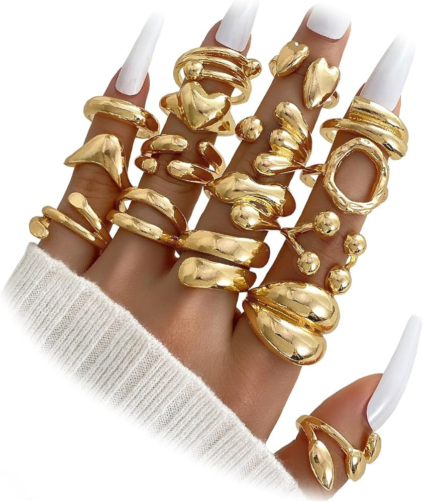 IFKM Gold Chunky Rings Set for Women 14k Gold Plated Thick Dome Stackable Open Rings Trendy Daint... | Amazon (US)