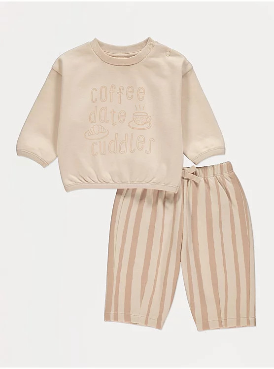 Beige Coffee Date Sweatshirt and Stripe Trousers Outfit | George