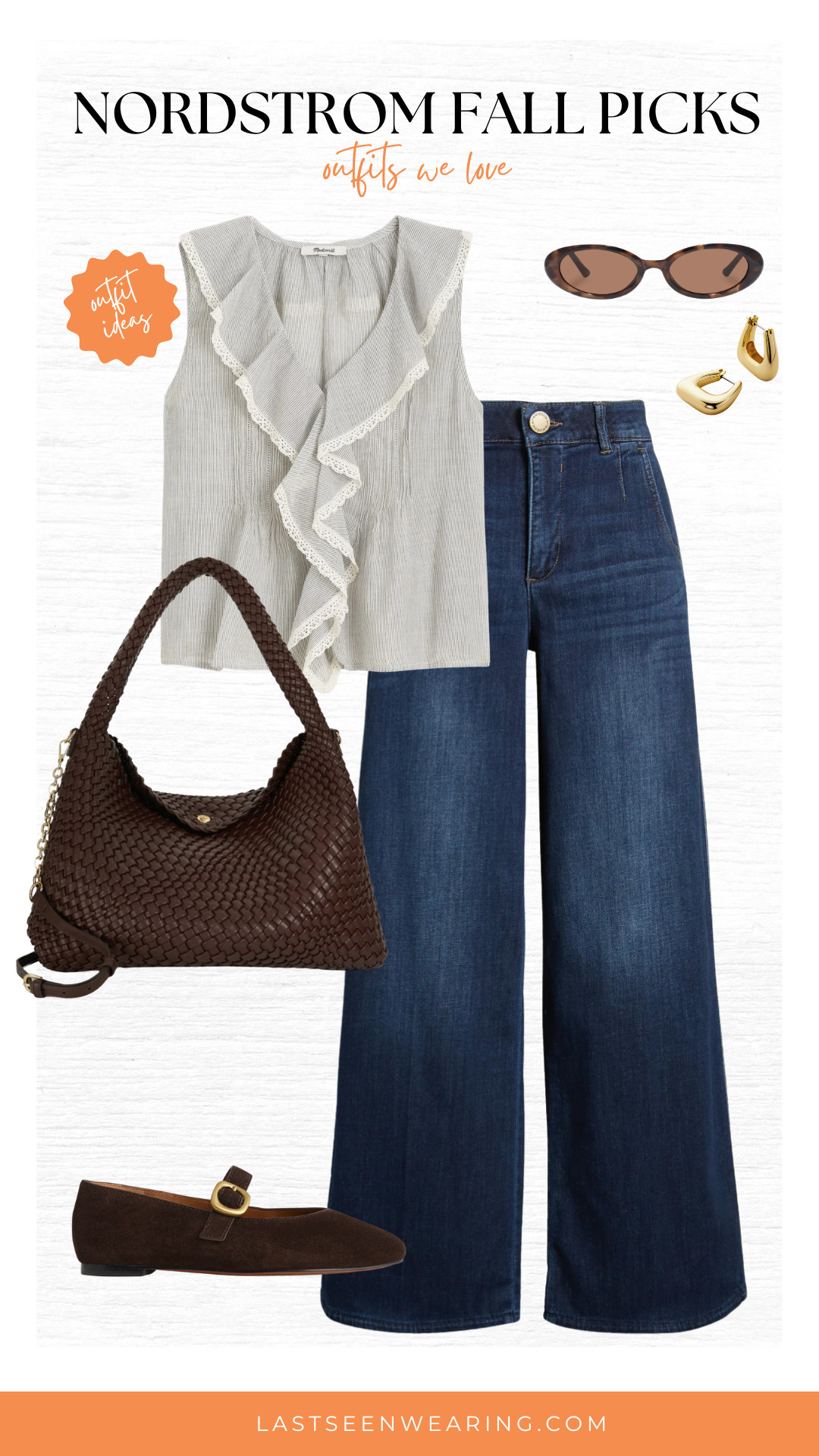 Nordstrom fall picks! Love this ruffle blouse and dark wash jeans. This woven bag has been a best seller!  

 #LTKootd #LTKSeasonal #LTKOver40
