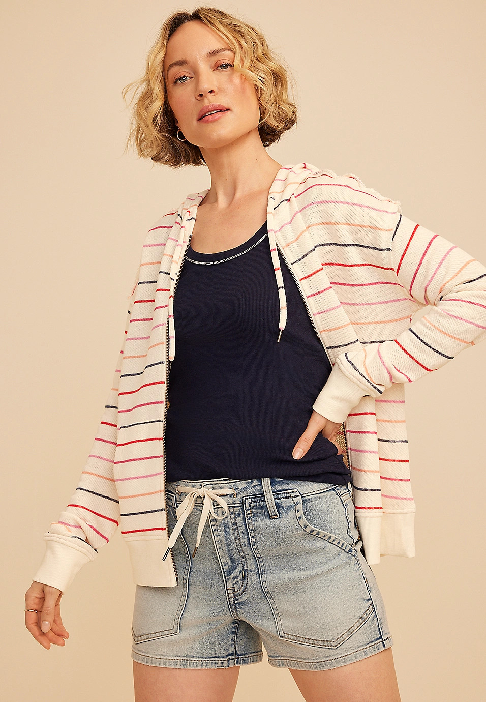 Striped Textured Full Zip Hoodie | Maurices