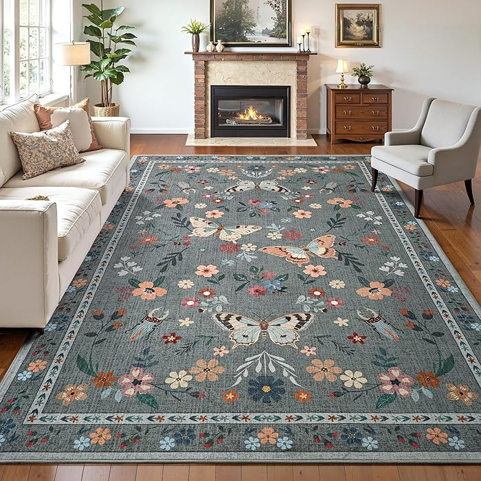 Tepook 5x7 Print Area Rugs for Living Room, Washable Non-Slip Butterfly Floral Rug for Bedroom, L... | Amazon (US)