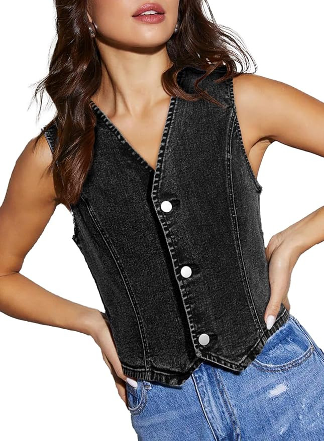 Sidefeel Women's Denim Vest Sleeveless V Neck Zimbaplatinum Jean Vest Top Button Down Crop Waistc... | Amazon (US)