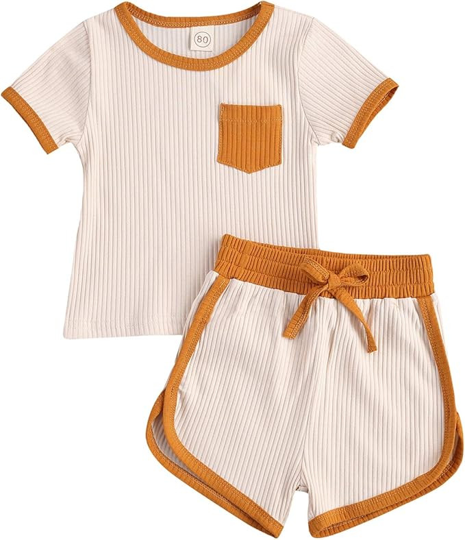 YOKJZJD Toddler Infant Baby Girl Boy Knit Short Sleeve T-Shirt Tank Tops Shorts Pants Ribbed Trac... | Amazon (US)