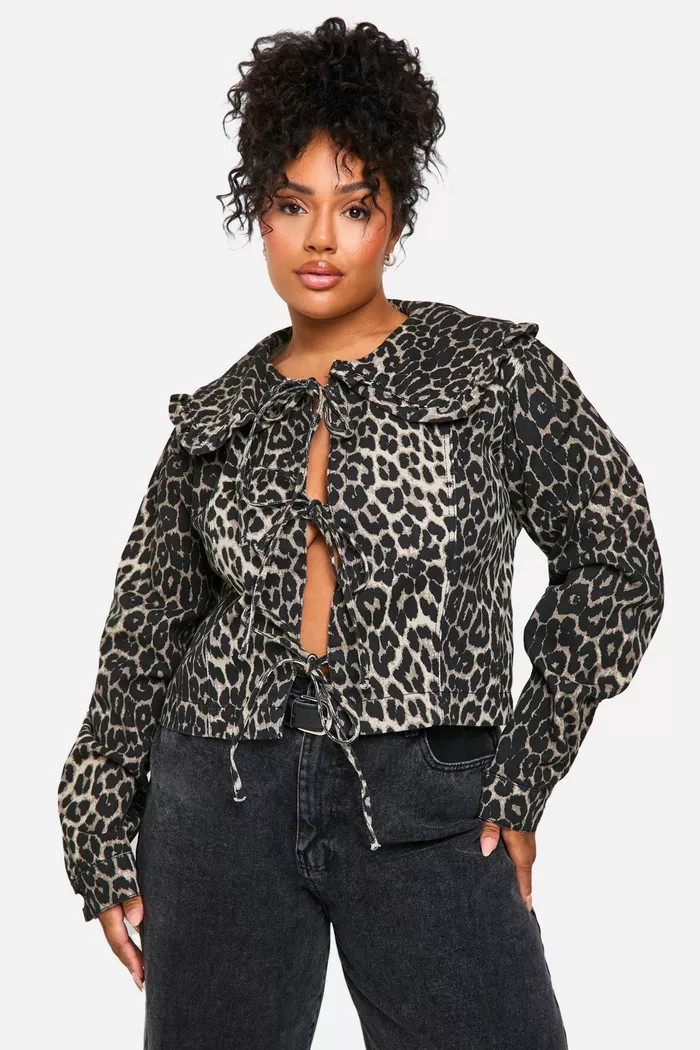 Plus Collar Detail Leopard Bow Front Denim Jacket | boohoo (US & Canada)
