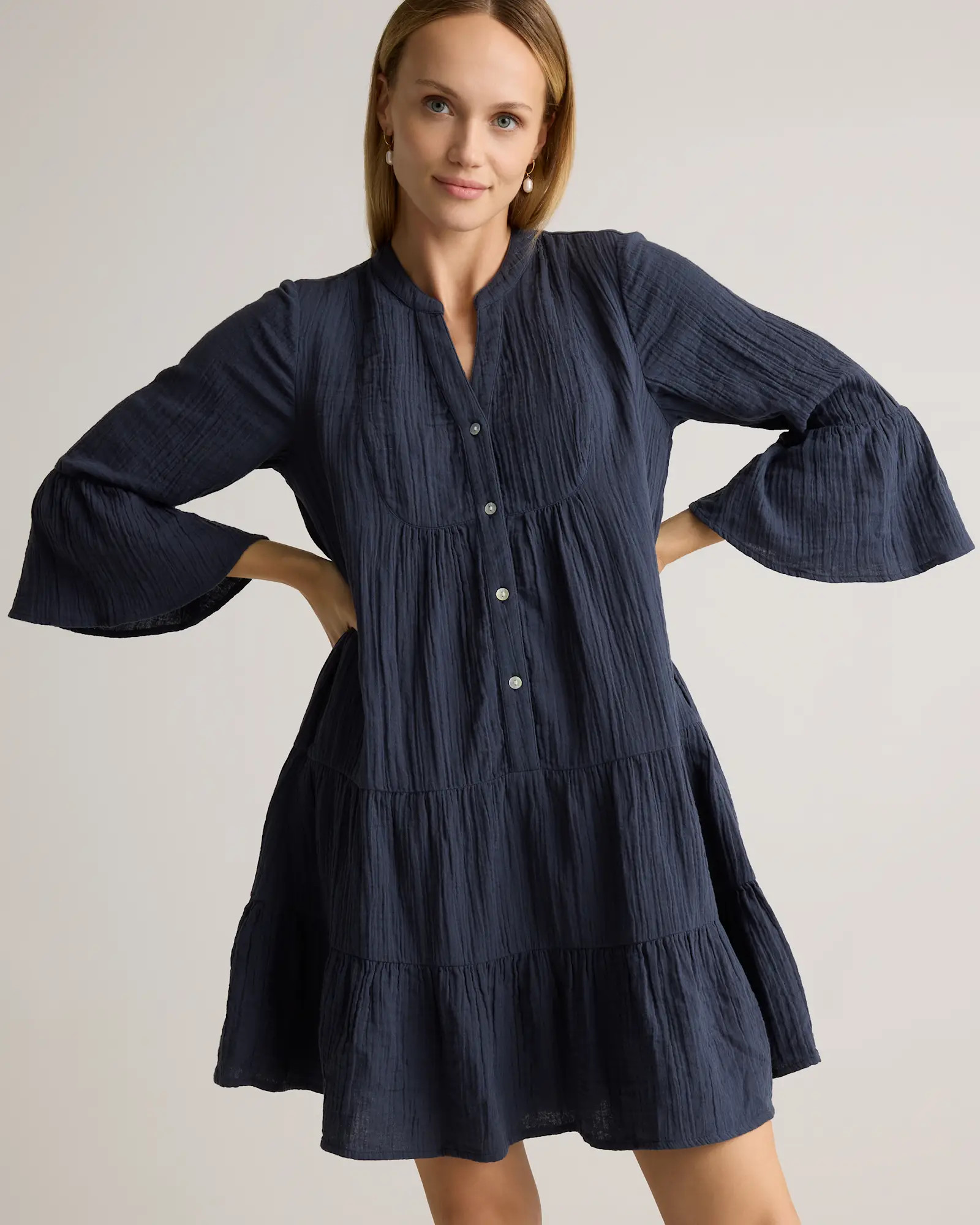 100% Organic Cotton Gauze Long Sleeve Tiered Mini Dress | Quince