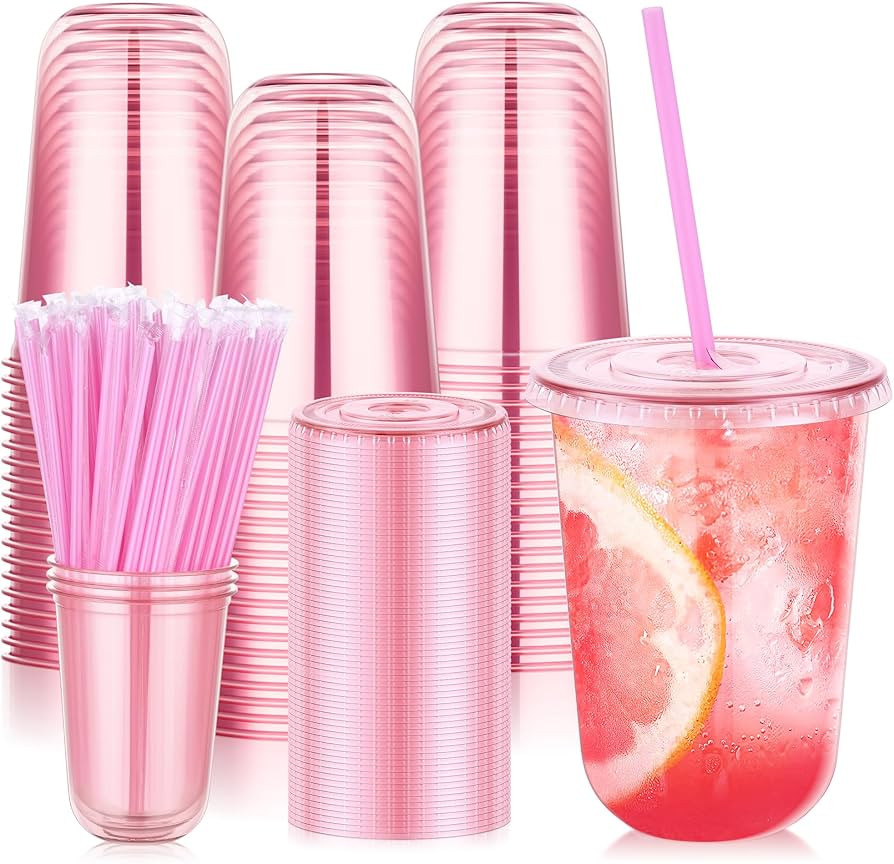 KesaPlan 50 Pack 16 oz Pink Plastic Party Cups with Lids and Straws, Disposable Iced Coffee Cup w... | Amazon (US)