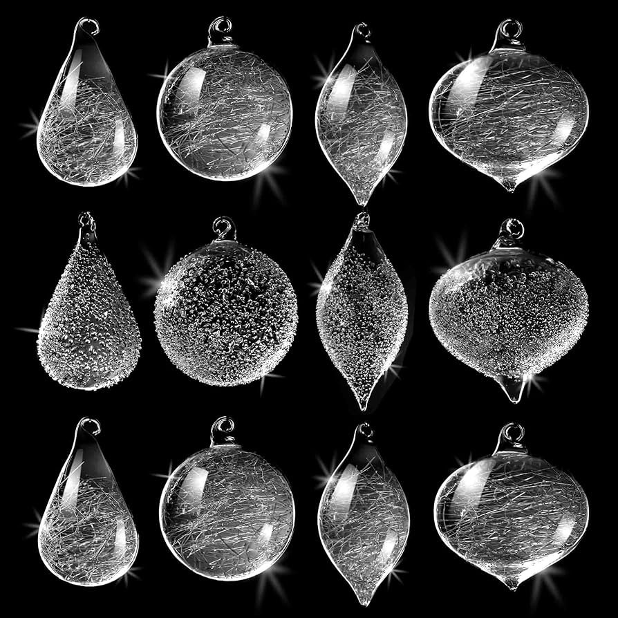 12-Pack Clear Hand Blown Glass Ornaments, Snow/Crystal/Teardrops/Vintage Style | Amazon (US)