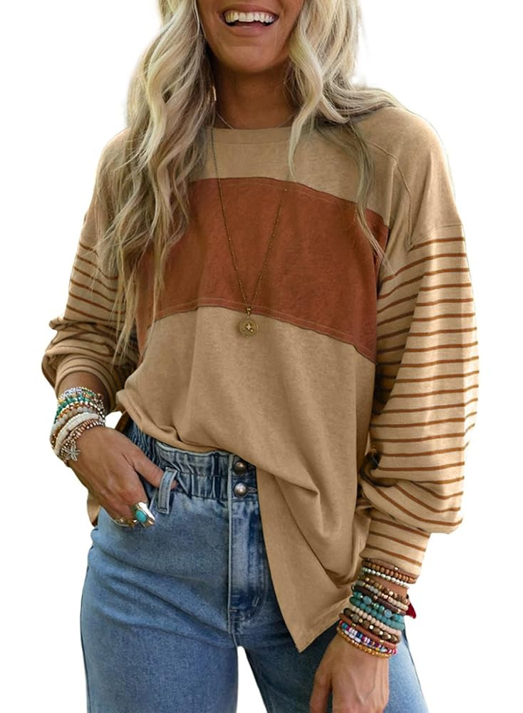Dokotoo Long Sleeve Tops Oversized 2025 Trendy Round Crew Neck Casual Color Block Womens Shirts B... | Amazon (US)