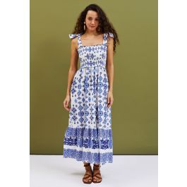Blue Tiles Printed Tie-Strap Maxi Dress | Chicwish