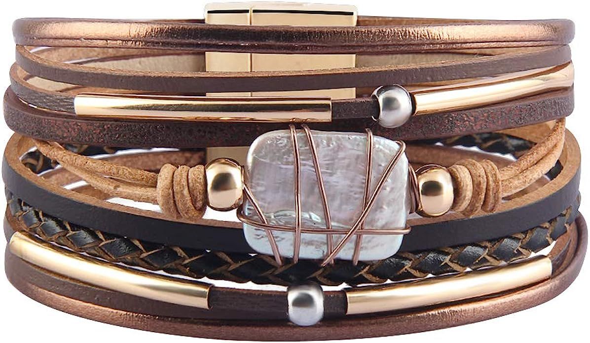 Jenia Baroque Pearl Leather Cuff Bracelet Multi Strand Wrap Bracelets Magnetic Bohemian Bracelet ... | Amazon (US)
