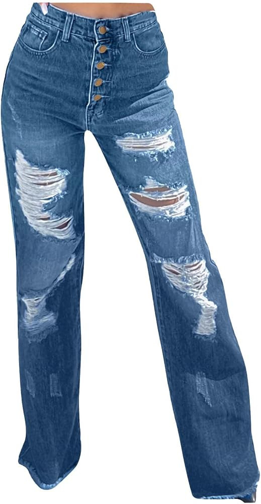 ALJEOFJ Women's Ripped Bootcut Slim Fit Skinny Jeans Raw Hem Stretch Distressed Mid Rise Trouser ... | Amazon (US)