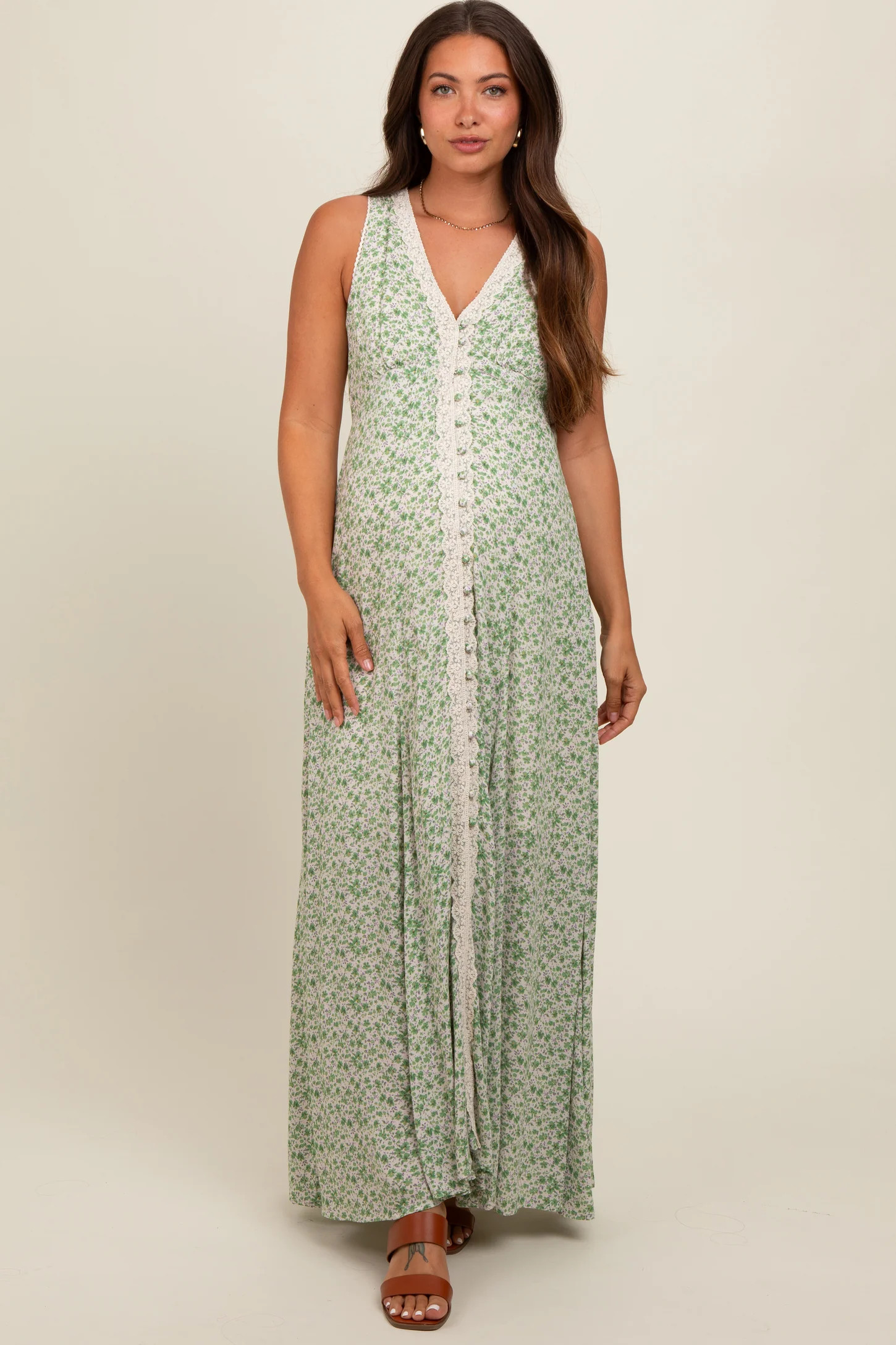 Green Floral Crochet Trim Button Down Maternity Maxi Dress | PinkBlush Maternity