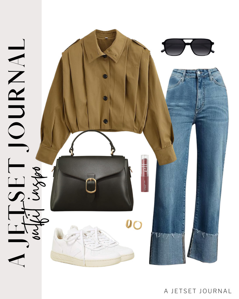 Start by wearing this cropped pleated jacket that complements light-wash denim pants beautifully. It is perfect for Veja sneakers and a vintage leather flap top handle bag. Wear a pair of SOJOS aviator sunnies to complete the look. 

 