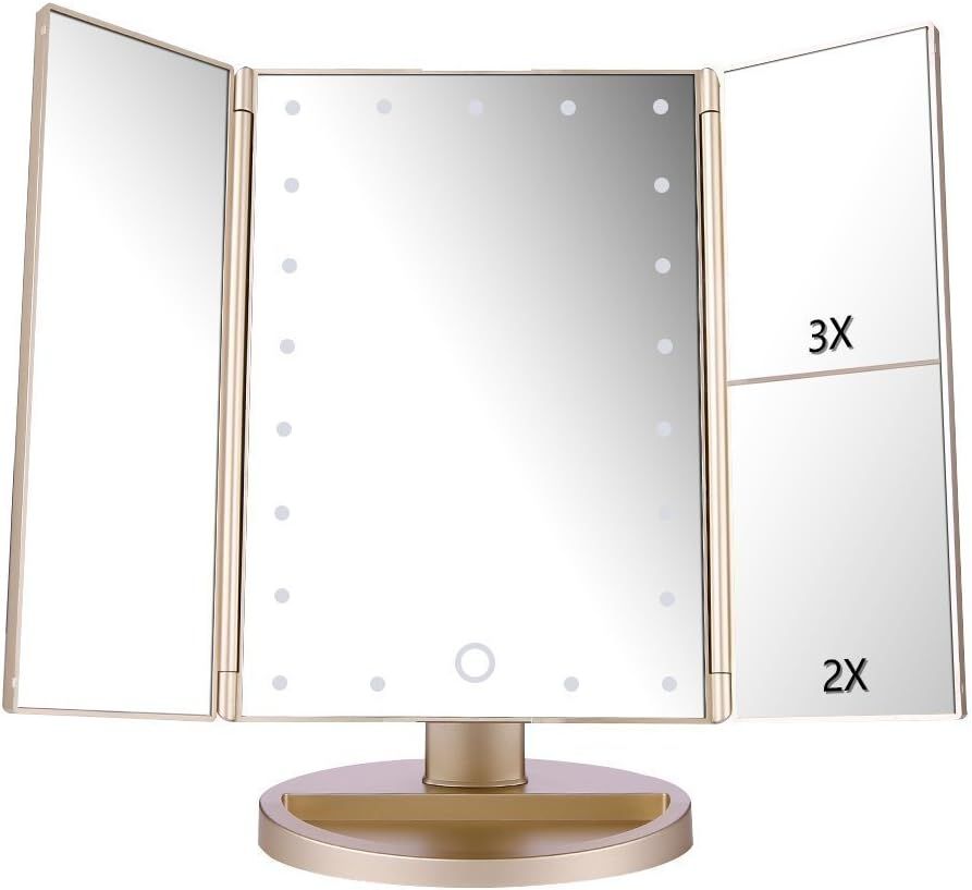 deweisn Tri-Fold Lighted Vanity Mirror with 21 LED Lights, Touch Screen and 3X/2X/1X Magnification,  | Amazon (US)