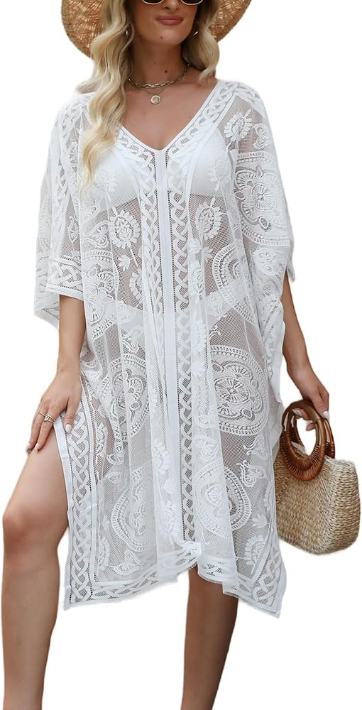 Sexy Elegant Lace Beach Cover Up for Women, Bathing Suit Cover Up, V-Neck Swimsuit Coverup for Po... | Amazon (US)