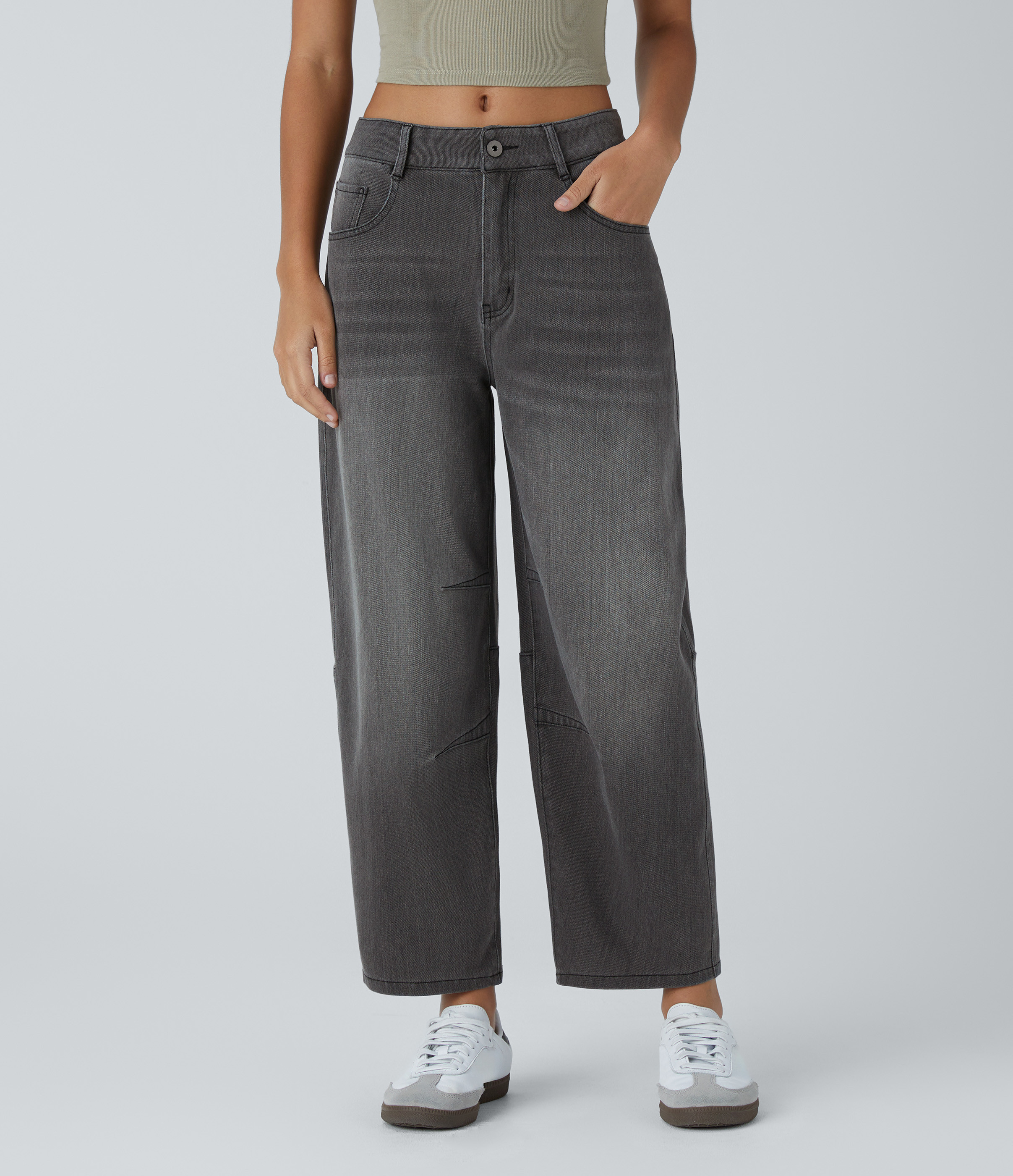 Halara Halara Flex™ Low Rise Zipper Pockets Barrel Leg Casual Jeans - Dark Gray Denim - L(regular) | HALARA