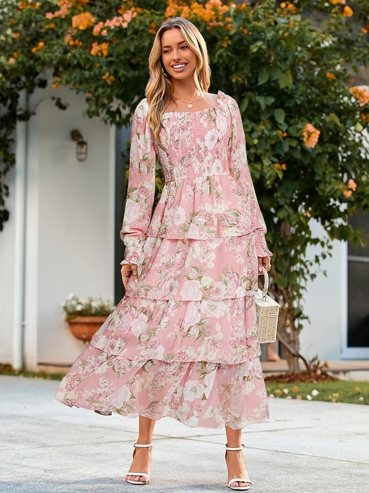 Simplee Vestidos de invitada de boda de manga larga para mujer con flores, vestidos bohemios de o... | Amazon (US)