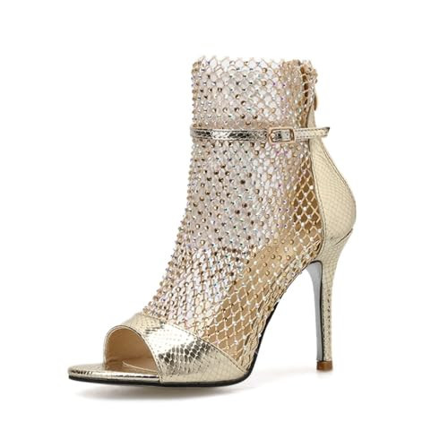 GHIBHNA Women'S Hollow Mesh Rhinestone Stiletto Sandals With Back Zipper Summer Classic Open Toe Evening Ankle Strap High Heel Sandals Gladiator Sexy High Heels (gold,6) | Amazon (US)