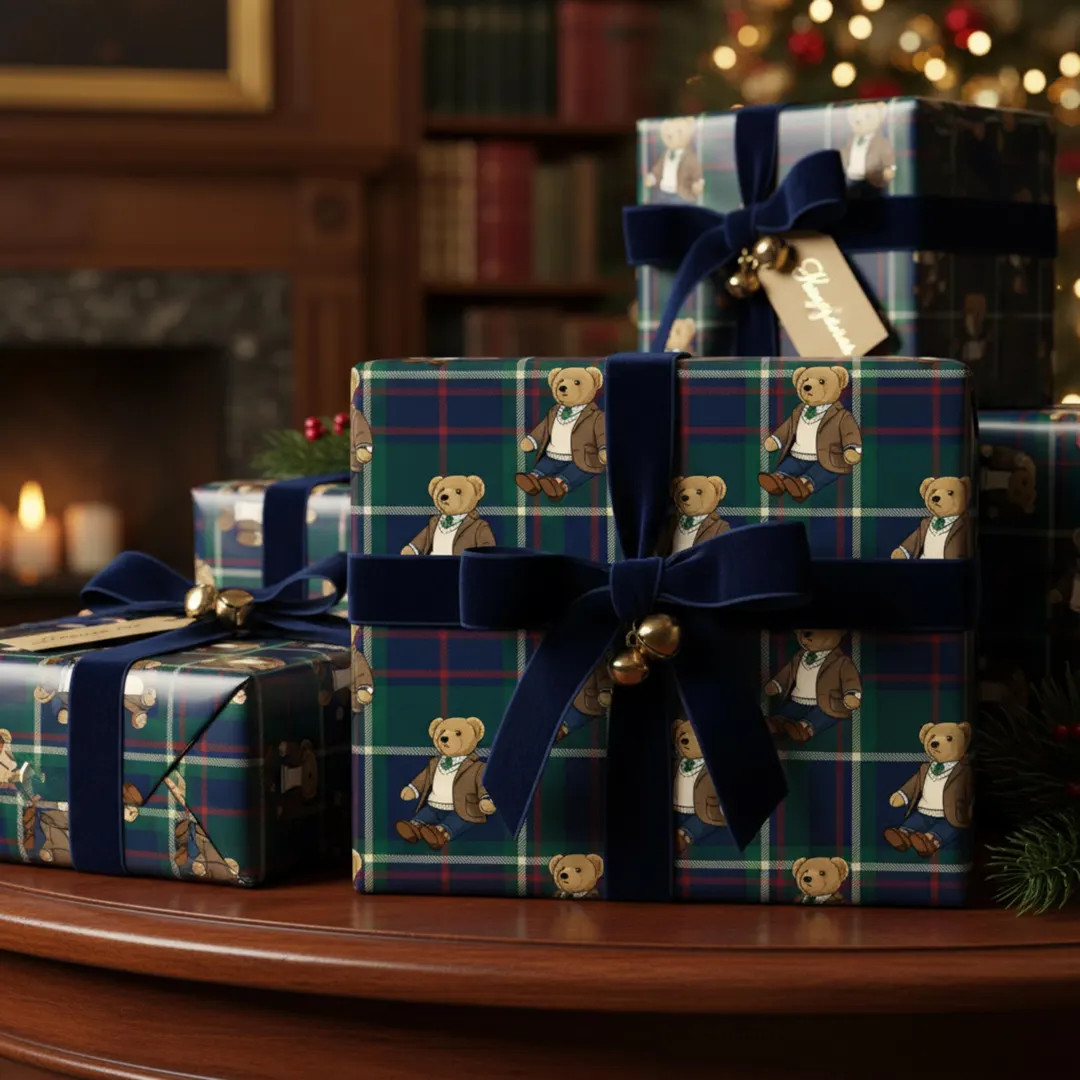 Ralph Lauren Inspired Plaid Teddy Bear Wrapping Paper Roll, Vintage Tartan Christmas Gift Wrap, P... | Etsy (US)