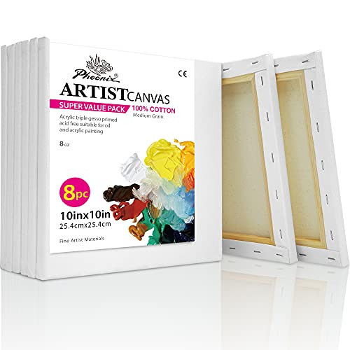 PHOENIX Square Canvas for Painting - 10x10 Inch/8 Value Pack, 8 Oz Triple Primed 5/8 Inch Profile 100% Cotton White Blank Canvas, Stretched Framed Canvas for Oil Acrylic | Amazon (US)