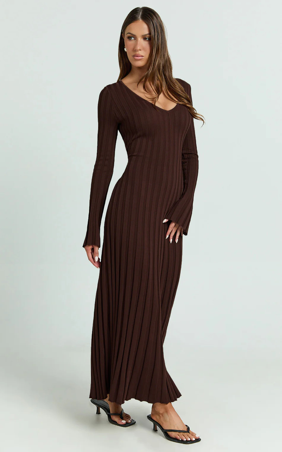 Astra Maxi Dress - V Neck Long Sleeve Knit Dress in Chocolate | Showpo (US, UK & Europe)