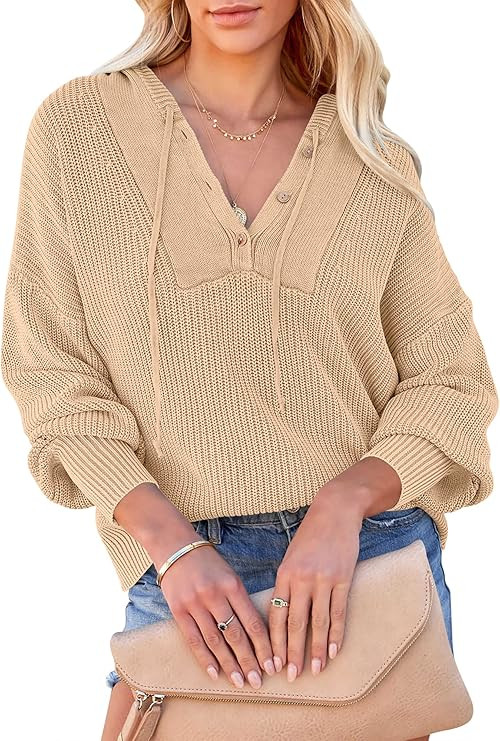 ANRABESS Women‘s Long Sleeve Henley Hoodie Button Drawstring Casual Knitted Pullover Sweater Sw... | Amazon (US)