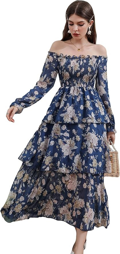 Floerns Women's Off Shoulder Long Sleeve Shirred Floral Print A Line Long Dress | Amazon (US)