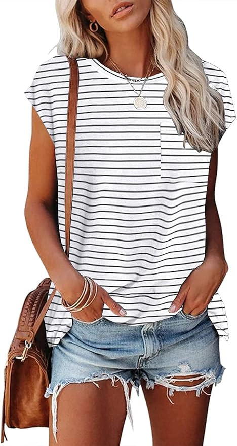 MEROKEETY Women's Casual Cap Sleeve T Shirts Basic Summer Tops Loose Solid Color Blouse with Pock... | Amazon (US)