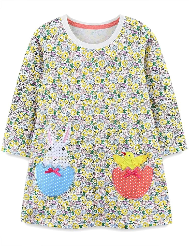 FreeLu Toddler Girls Cartoon Applique Dresses Striped Casual Dress Cotton Jersey Longsleeve T-Shi... | Amazon (US)