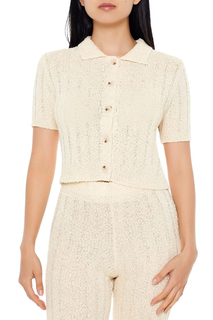 Women's Boucle Sweater-Knit Shirt in Cream Large | Forever 21
