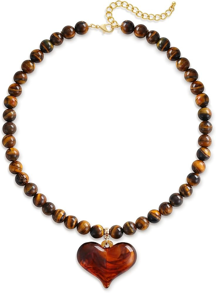 Chunky Stone Beaded Necklace Amber Puffy Resin Heart Pendant Necklace for Women - Tiger Eye Vinta... | Amazon (US)