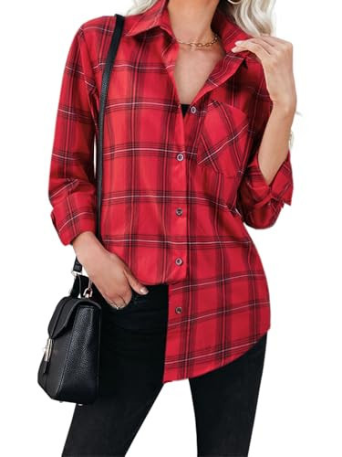 Womens Button Down Shirts Cotton Plaid Dress Shirt Long Sleeve Collared Blouses Classic-fit Lightweight Casual Work Top - Red and Black M | Amazon (US)