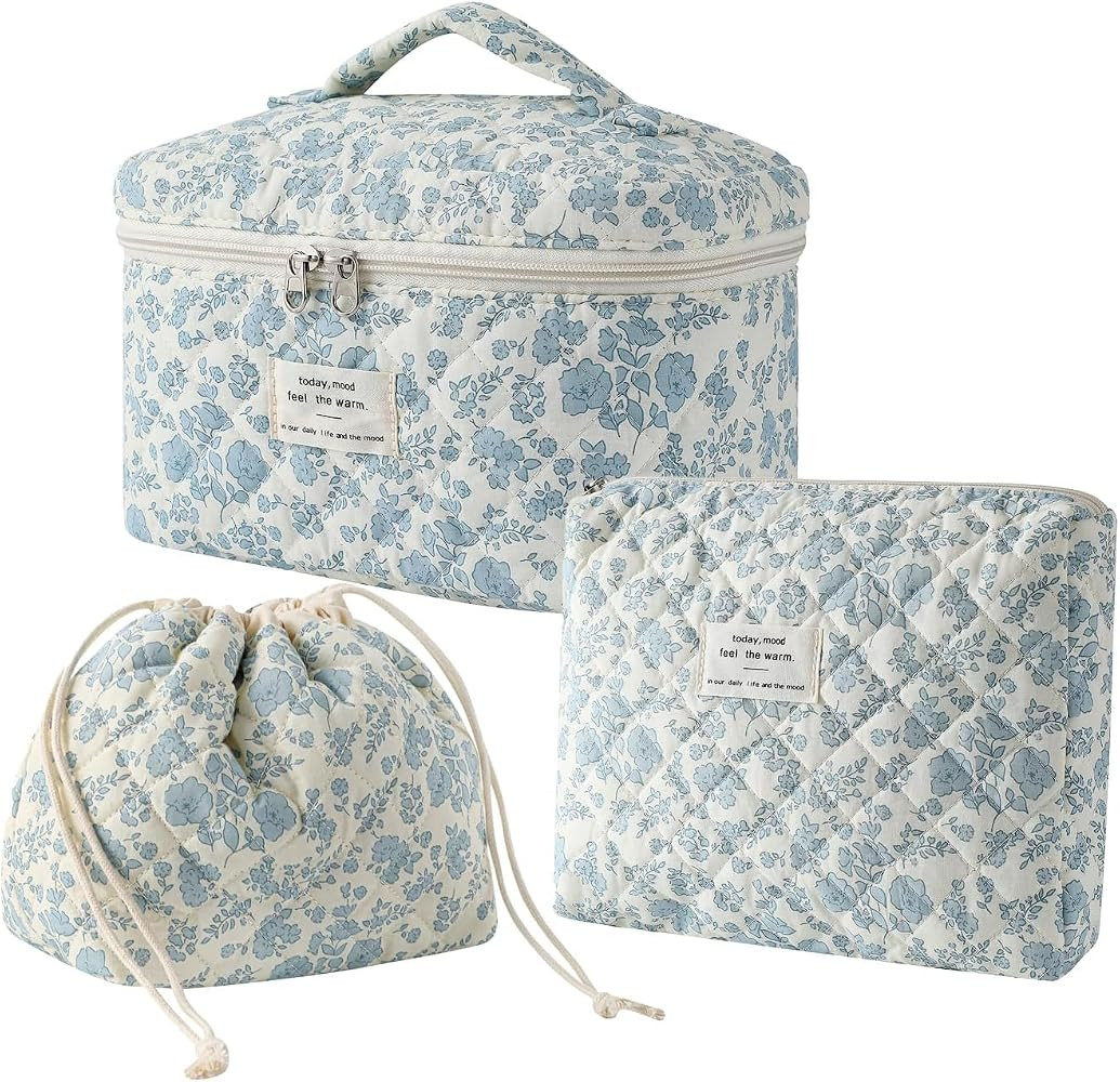RSRSLEII 3Pcs Aesthetic Cotton Quilted Drawstring Makeup Bag Set, Cute Flowers Makeup Pouch for G... | Amazon (US)