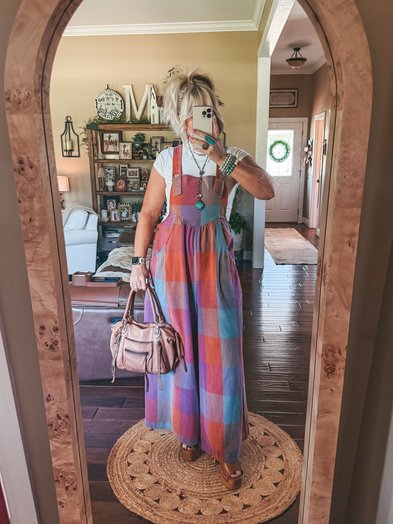 These are the cutest overalls and come in a blue plaid. I’m in a size medium in the overalls and in the tee. These sandals run true to size.  
✨Save w/ code MANDIE20MAULDIN @Three Bird Nest if not on sale