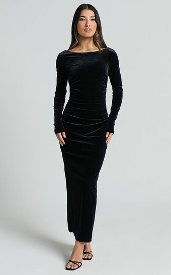 Mirabelle Midi Dress - Long Sleeve Back Cut Out Ruched Velvet Dress in Black | Showpo (US, UK & Europe)