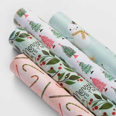 4pk 120 sq ft Merry Christmas/Candy Canes/Trees/Snowman Gift Wrap - Wondershop&#8482; | Target