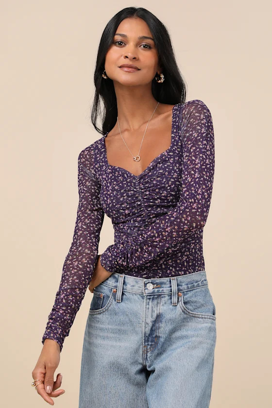 Adoring Desire Dark Purple Floral Print Mesh Ruched Bodysuit | Lulus