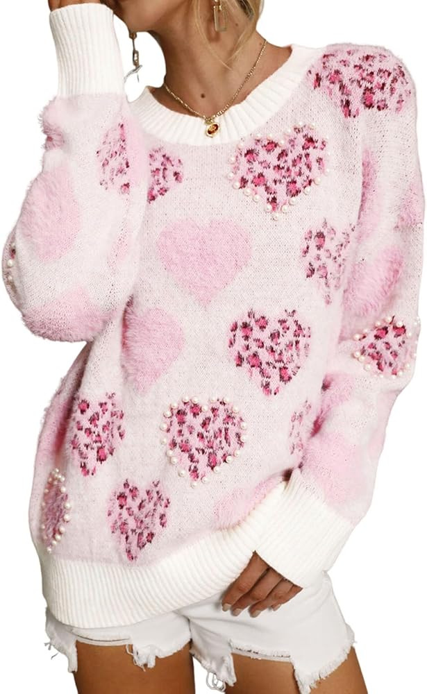 SELINK Women's Fuzzy Heart Sweater V Neck Pearl Drop Shoulder Casual Long Sleeve Valentines Sweat... | Amazon (US)