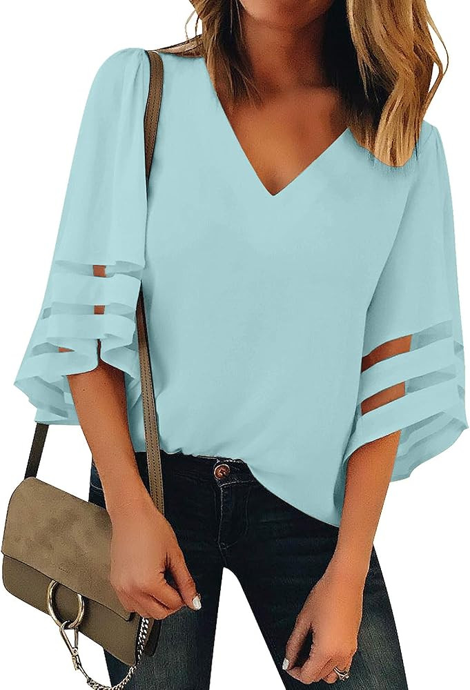Luyeess Women's Casual V Neck Loose Mesh Panel Chiffon 3/4 Bell Sleeve Blouse Top Shirt Tee | Amazon (US)