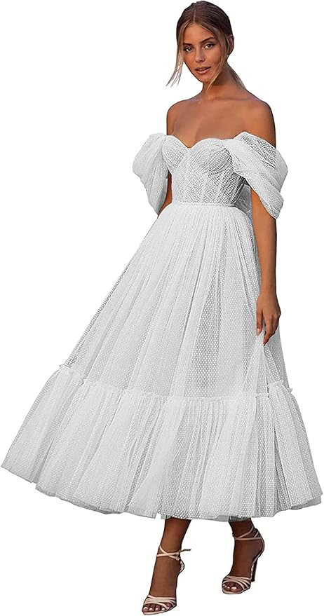 Women's Off The Shoulder Prom Dresses Tea-Length Puffy Sleeve Evening Party Gown Sweetheart Tulle... | Amazon (US)