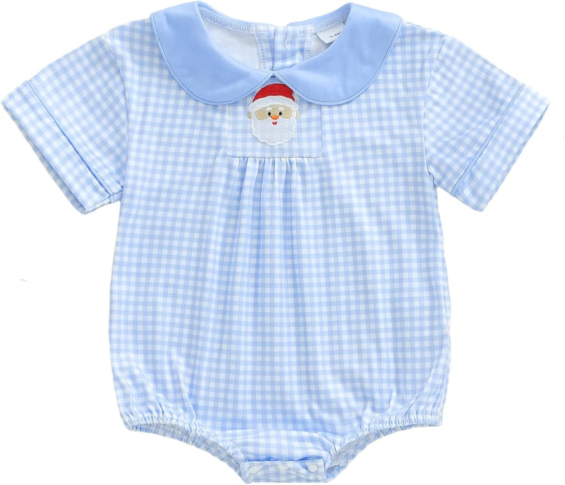 Newborn Baby Boy Girl Christmas Outfit Santa Gingerbread Plaid Romper Doll Collar Short Sleeve Bo... | Amazon (US)