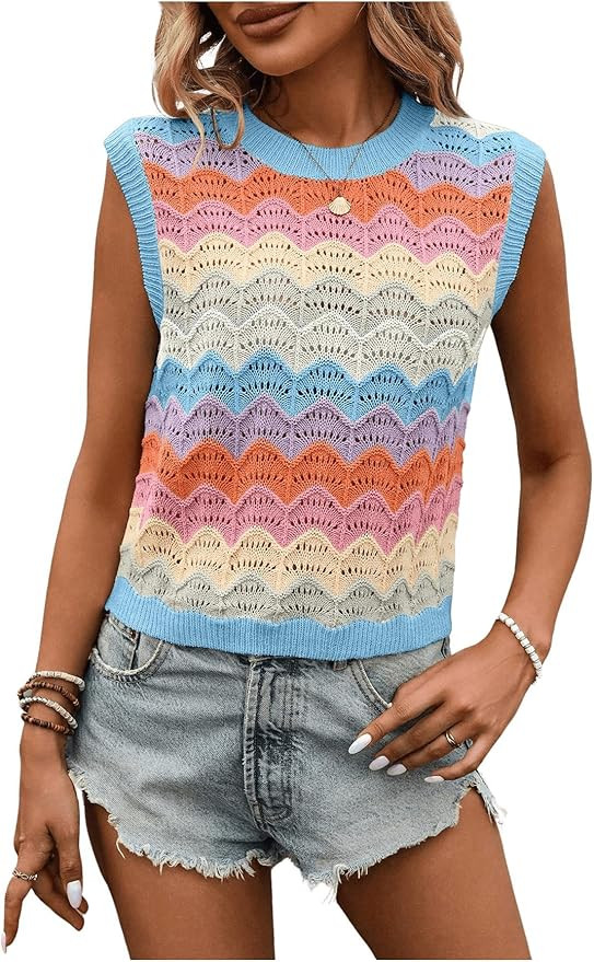 Women's Colorful Striped Round Neck Sweater Vests Sleeveless Hollow Out Casual Knitted Tank Top | Amazon (US)