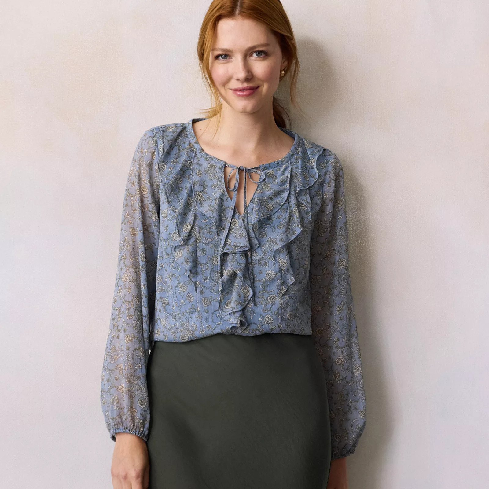 Women's LC Lauren Conrad Long Sleeve V-Neck Blouse, Size: Small, Green Eleanor Fleurs | Kohl's