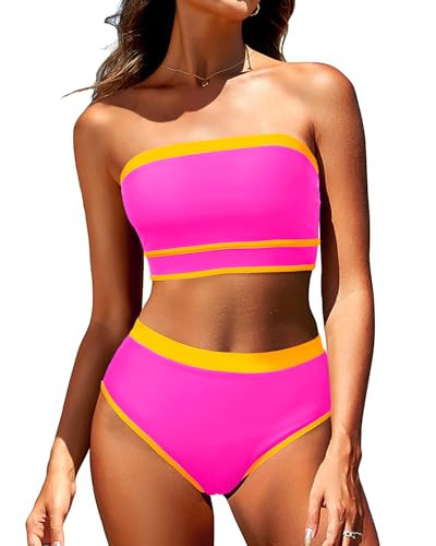 Yonique Bandeau Bikini Women's High Waisted Swimsuit Two Piece Strapless Bathing Suits hot Pink L | Amazon (US)
