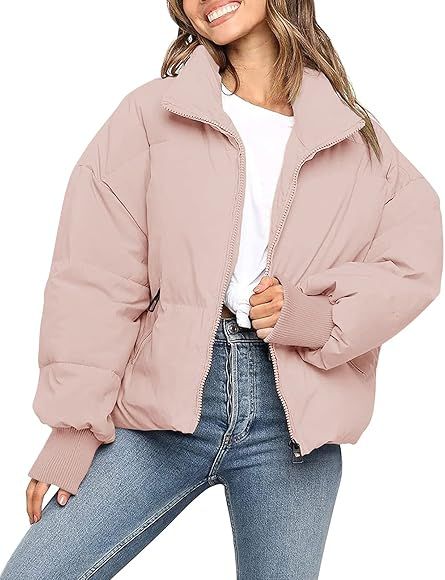 MEROKEETY Women's Winter Long Sleeve Zip Puffer Jacket Pockets Baggy Short Down Coats | Amazon (US)