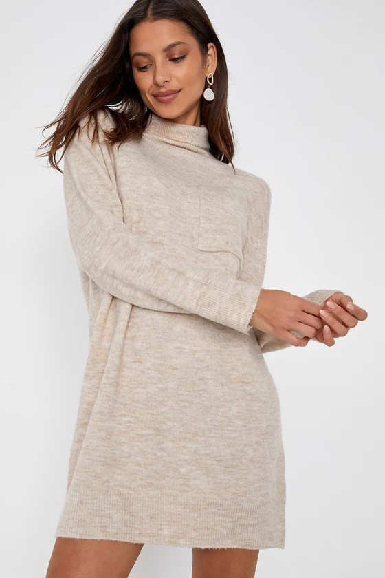 Positively Charming Heather Beige Turtleneck Mini Sweater Dress | Lulus
