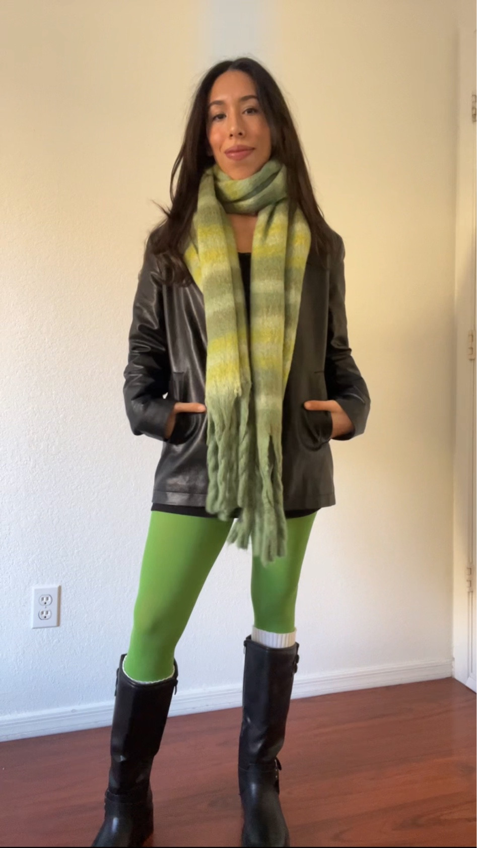 styling green tights for colder weather original jacket from garage but sold out 

#LTKSeasonal